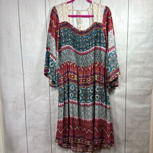 J Lee Womens Boho Hippie Crochet Smocked Tassel Multicolor Rayon Midi Dress